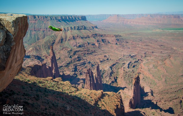 On June 22, 2015, Richard Webb became the second person in history to fly Moab's biggest established wingsuit flight above the notorious Fisher Towers. Dragon's Nest offers an incredible view of Castle Valley with roughly 2,200' of total altitude to play with and long commiting flights around the massive mud towers that make this landscape so special. Richard for a long time now has been pioneering new exits all over Moab's low cliff enviroment and this is by far one of the proudest lines in the vast desert playground to date.