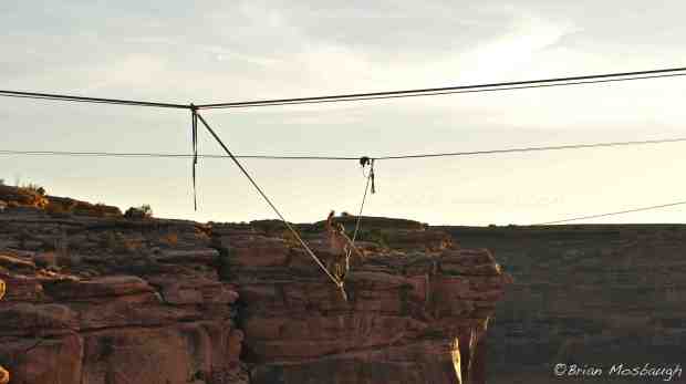 Jared Alden tests his balance on the newly constructed  "Floatline," consisting of 5 slacklines meeting in space to create this 130' long beast. The floatline was tensioned by hand, without the aid of pulleys, making for a very loose and disorienting line to attempt. It still remains unwalked...  
