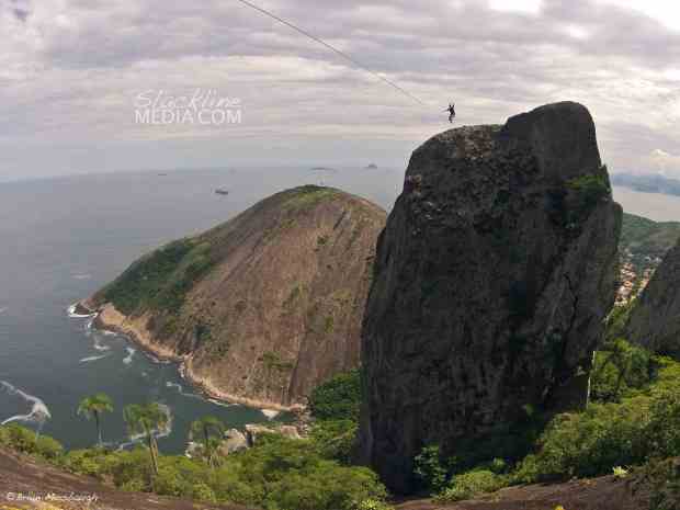 Scott Rogers getting his send on the longest highline in Brazil, weighing in at 47 meters long and very exposed.
